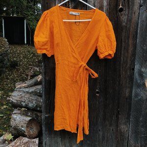 Orange Linen Zara Wrap Mini Dress